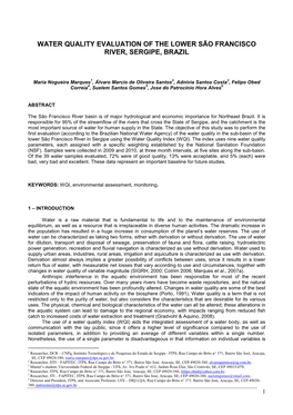 Water Quality Evaluation of the Lower São Francisco River, Sergipe, Brazil