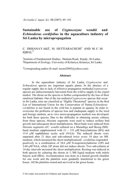 Sustainable Use of Cryptocoryne Wendtii and Echinodorus Cordifolius in the Aquaculture Industry of Sri Lanka by Micropropagation