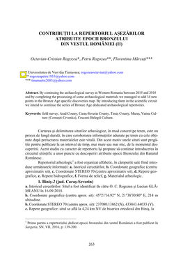 Contribuţii La Repertoriul Aşezărilor Atribuite Epocii Bronzului Din Vestul României (Ii)
