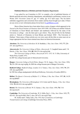 Published Histories of British and Irish Chemistry Departments I Was Asked