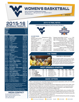 WVU WBB Final Game Notes 2015-16.Indd