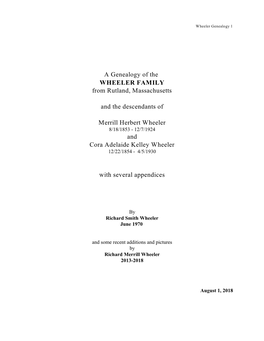 A Genealogy of the WHEELER FAMILY from Rutland, Massachusetts and the Descendants of Merrill Herbert Wheeler and Cora Adelaide K