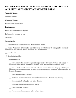 U.S. Fish and Wildlife Service Species Assessment and Listing Priority Assignment Form