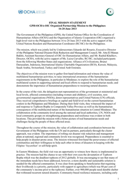 FINAL MISSION STATEMENT GPH-OCHA-OIC Organized Partnership Mission to the Philippines 16-20 June 2013 the Government of the Phil