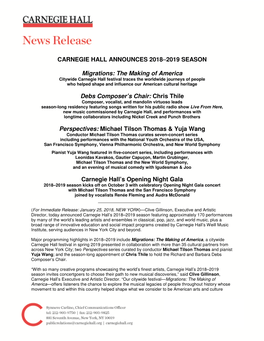 CARNEGIE HALL ANNOUNCES 2018–2019 SEASON Migrations: The