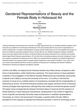 Gendered Representations of Beauty and the Female Body in Holocaust Art — MIEJSCE 15.03.2021, 18:49