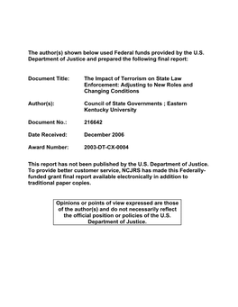 The Impact of Terrorism on State Law Enforcement: Adjusting to New Roles and Changing Conditions