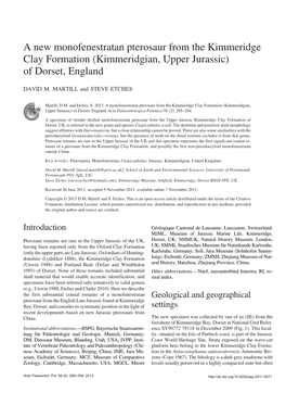 A New Monofenestratan Pterosaur from the Kimmeridge Clay Formation (Kimmeridgian, Upper Jurassic) of Dorset, England