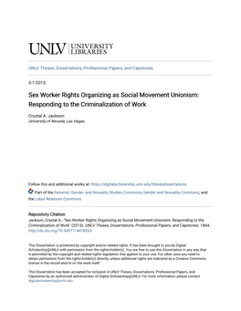 Sex Worker Rights Organizing As Social Movement Unionism: Responding to the Criminalization of Work