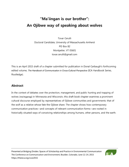 “Ma'iingan Is Our Brother”: an Ojibwe Way of Speaking About Wolves