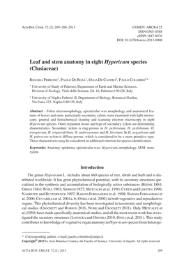 Leaf and Stem Anatomy in Eight Hypericum Species (Clusiaceae)
