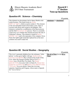 Illinois Masonic Academic Bowl Round # 1 2015 State Tournament 1St Section Toss-Up Questions