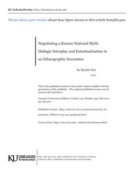 Negotiating a Korean National Myth: Dialogic Interplay and Entextualization in an Ethnographic Encounter