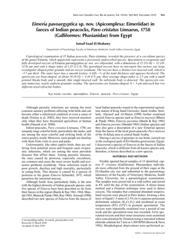 Apicomplexa: Eimeriidae) in Faeces of Indian Peacocks, Pavo Cristatus Linnaeus, 1758 (Galliformes: Phasianidae) from Egypt