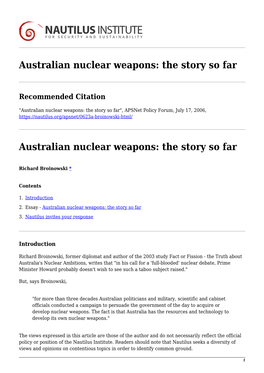 Australian Nuclear Weapons: the Story So Far