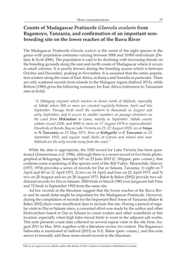 Counts of Madagascar Pratincole Glareola Ocularis from Bagamoyo, Tanzania, and Confirmation of an Important Non- Breeding Site on the Lower Reaches of the Ruvu River