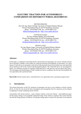 Electric Traction for Automobiles – Comparison of Different Wheel-Hub Drives