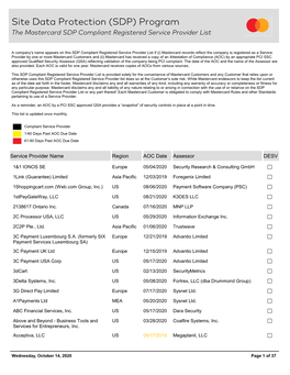 Site Data Protection (SDP) Program the Mastercard SDP Compliant Registered Service Provider List