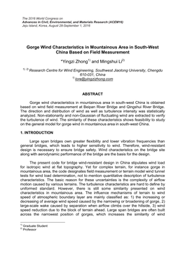Gorge Wind Characteristics in Mountainous Area in South-West China Based on Field Measurement