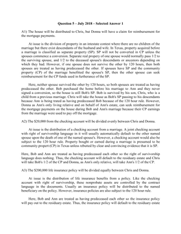 Question 5 – July 2018 – Selected Answer 1 A1) the House Will Be Distributed to Chris, but Donna Will Have a Claim for Reimb
