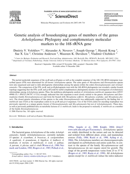 Genetic Analysis of Housekeeping Genes of Members of the Genus Acholeplasma: Phylogeny and Complementary Molecular Markers to the 16S Rrna Gene