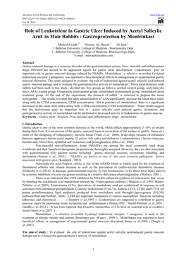 Role of Leukotriene in Gastric Ulcer Induced by Acetyl Salicylic Acid in Male Rabbits : Gastroprotection by Montelukast