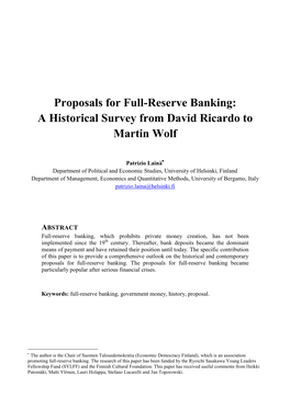 Proposals for Full-Reserve Banking: a Historical Survey from David Ricardo to Martin Wolf
