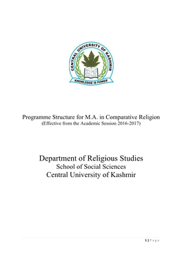 Department of Religious Studies School of Social Sciences Central University of Kashmir