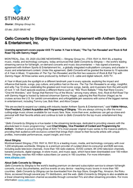 Qello Concerts by Stingray Signs Licensing Agreement with Anthem Sports & Entertainment, Inc