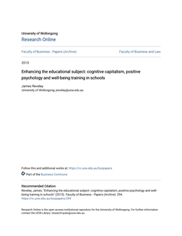 Cognitive Capitalism, Positive Psychology and Well-Being Training in Schools