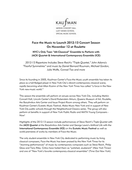 Face the Music to Launch 2012-13 Concert Season on November