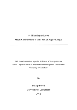 Māori Contributions to the Sport of Rugby League Phillip Borell