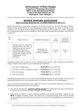 Notice Inviting Quotation No. 01,TCSD III of 2017-18