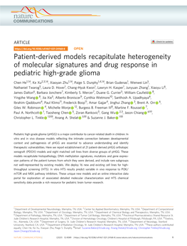 Patient-Derived Models Recapitulate Heterogeneity of Molecular Signatures and Drug Response in Pediatric High-Grade Glioma