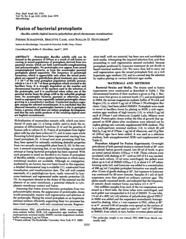 Fusion of Bacterial Protoplasts (Bacillus Subtilis/Diploid Bacteria/Polyethylene Glycol/Chromosome Recombination) PIERRE SCHAEFFER, BRIGITTE CAMI, and ROLLIN D