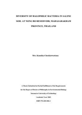 Diversity of Halophilic Bacteria in Saline Soil at Nong Bo Reservoir Was Determined Using the Ultimate Results of Bacterial Characterization