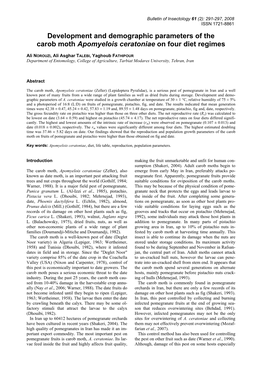 Development and Demographic Parameters of the Carob Moth Apomyelois Ceratoniae on Four Diet Regimes