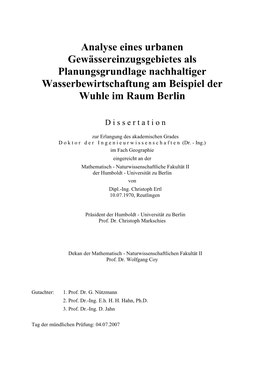 Analyse Eines Urbanen Gewässereinzugsgebietes Als Planungsgrundlage Nachhaltiger Wasserbewirtschaftung Am Beispiel Der Wuhle Im Raum Berlin