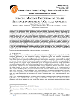 JUDICIAL MODE of EXECUTION of DEATH SENTENCE in AMERICA: a CRITICAL ANALYSIS Anjum Hassan1, Dr