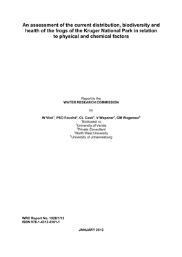 An Assessment of the Current Distribution, Biodiversity and Health of the Frogs of the Kruger National Park in Relation to Physical and Chemical Factors