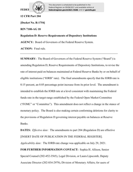 FEDERAL RESERVE SYSTEM 12 CFR Part 204 [Docket No. R-1754]