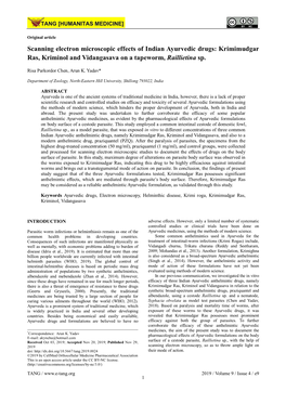 Scanning Electron Microscopic Effects of Indian Ayurvedic Drugs: Krimimudgar Ras, Kriminol and Vidangasava on a Tapeworm, Raillietina Sp