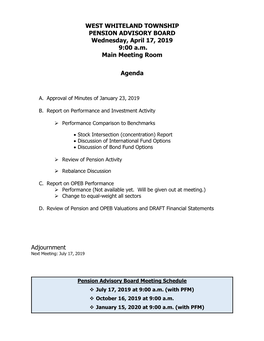 WEST WHITELAND TOWNSHIP PENSION ADVISORY BOARD Wednesday, April 17, 2019 9:00 A.M