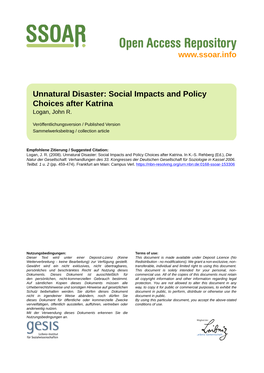 Unnatural Disaster: Social Impacts and Policy Choices After Katrina Logan, John R