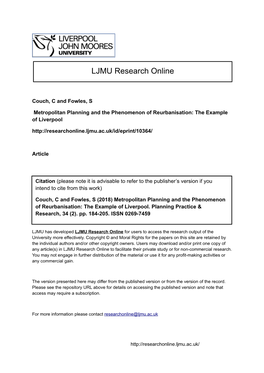 Metropolitan Planning and the Phenomenon of Reurbanisation: the Example of Liverpool