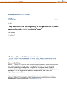 Using Transformative Learning Theory to Help Prospective Teachers Learn Mathematics That They Already “Know”