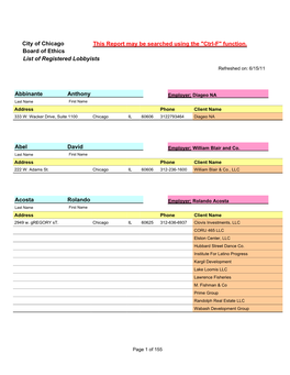 This Report May Be Searched Using the "Ctrl-F" Function. Board of Ethics List of Registered Lobbyists Refreshed On: 6/15/11