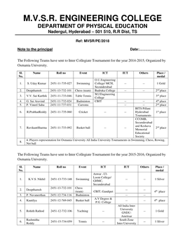 DEPARTMENT of PHYSICAL EDUCATION Nadergul, Hyderabad – 501 510, R.R Dist, TS