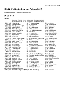 Die DLV - Bestenliste Der Saison 2015