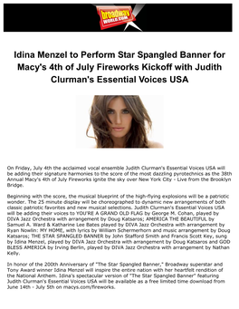 Idina Menzel to Perform Star Spangled Banner for Macy's 4Th of July Fireworks Kickoff with Judith Clurman's Essential Voices USA